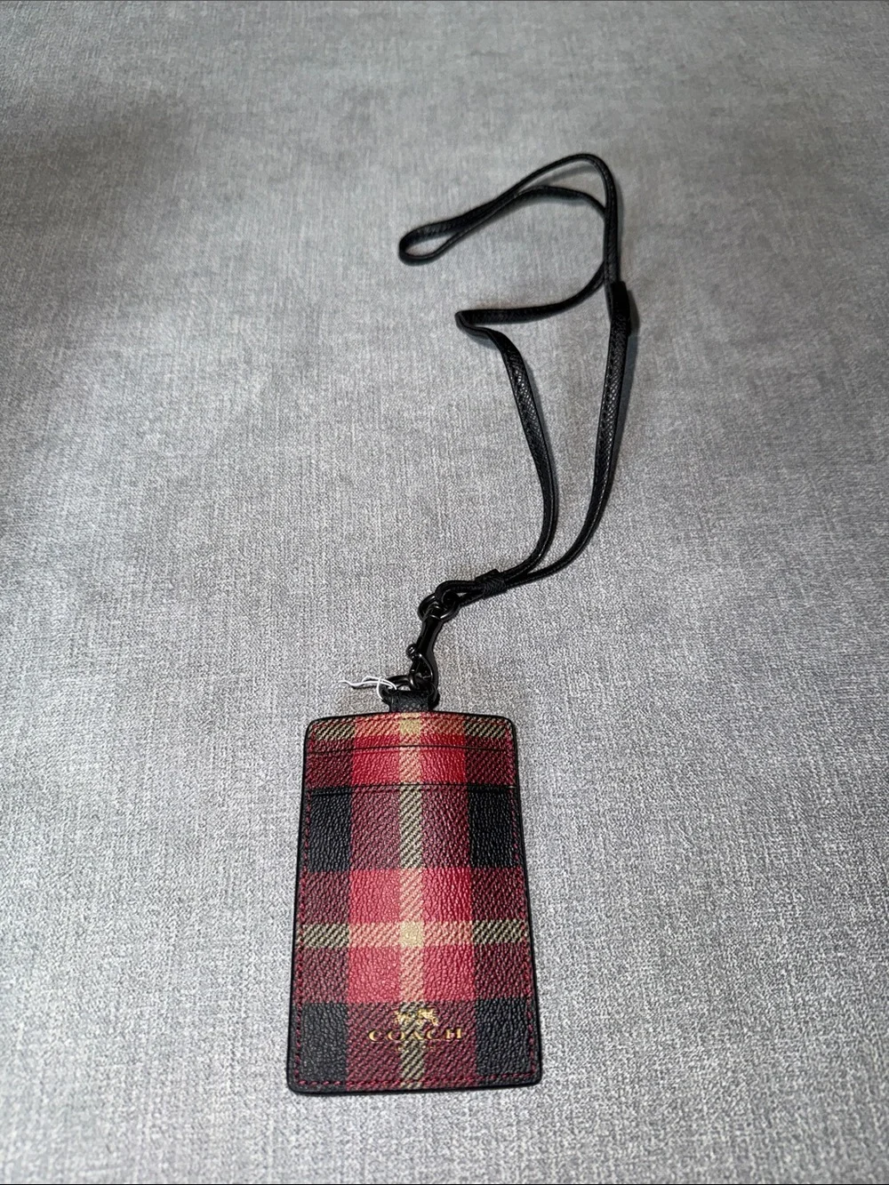 Coach Red Plaid Leather Lanyard Card Holder with Black Strap